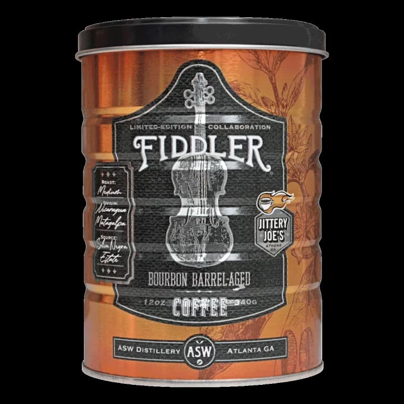 Fiddler Bourbon Barrel-Aged Coffee collector's tin by Jittery Joe's and ASW Distillery