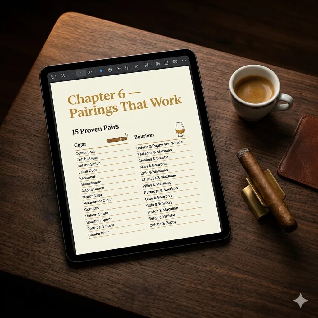 Smoke Smarter ebook open on a tablet displaying Chapter 6 — Pairings That Work, beside an espresso cup, a cigar, and a brass cigar rest on a dark walnut bar