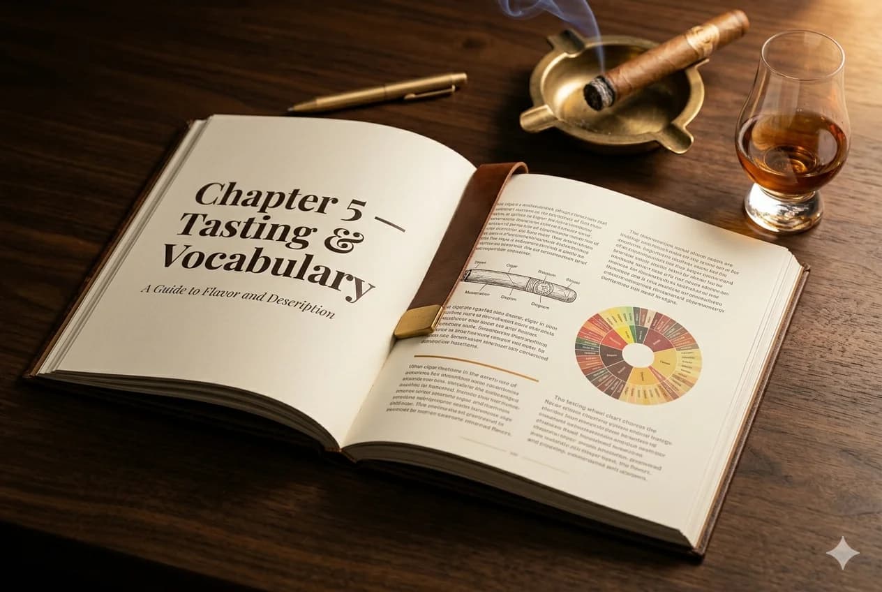 Open Smoke Smarter ebook showing Chapter 5 — Tasting & Vocabulary with cigar diagram and tasting wheel, beside a brass ashtray, lit cigar, and Glencairn glass of bourbon