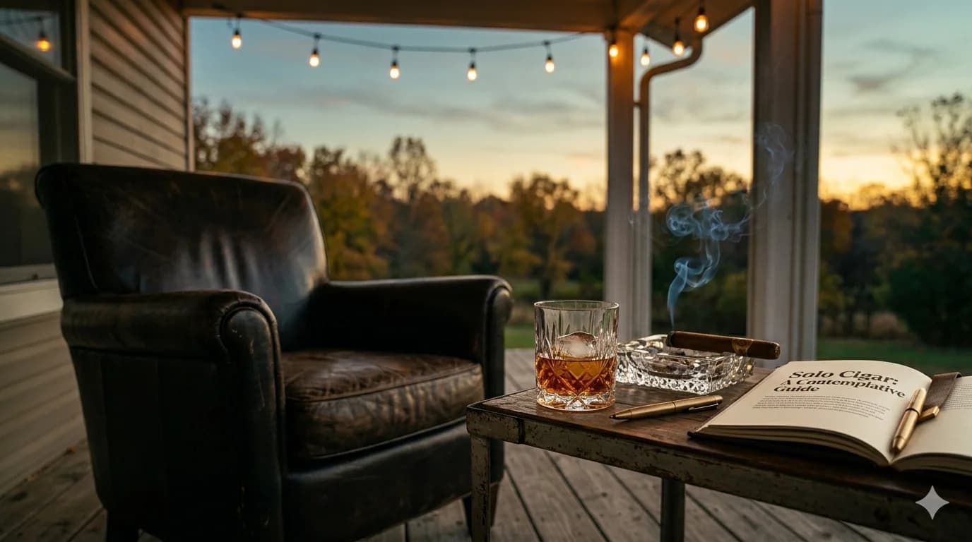 Worn leather club chair on a covered back porch at dusk with a glass of bourbon, a brass ashtray with a lit cigar, and an open book on a small wooden table — the solo cigar hour