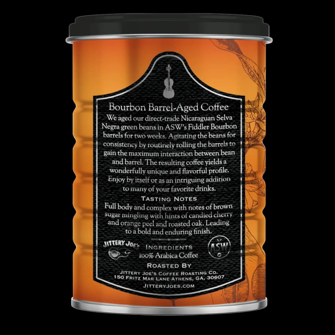 Back label of the Jittery Joe's Fiddler Bourbon Barrel-Aged Coffee can — tasting notes of sweet, clove, toffee with smooth lingering finish