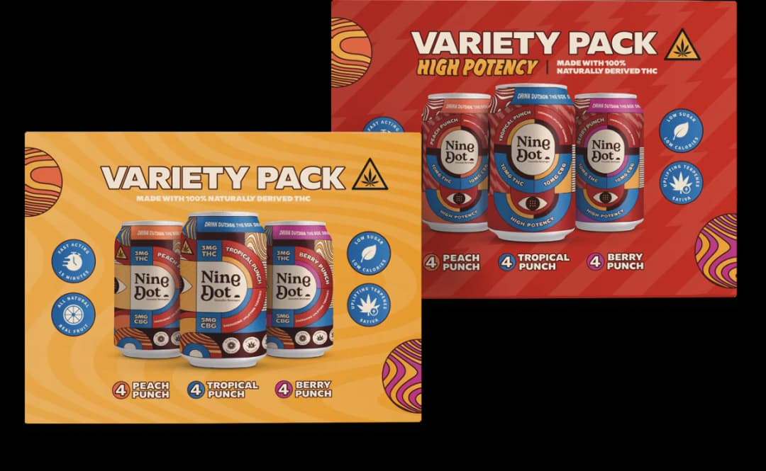Nine Dot variety packs in Tropical Punch, Berry Punch, and Peach Punch flavors, available in both 3mg and 10mg THC strengths