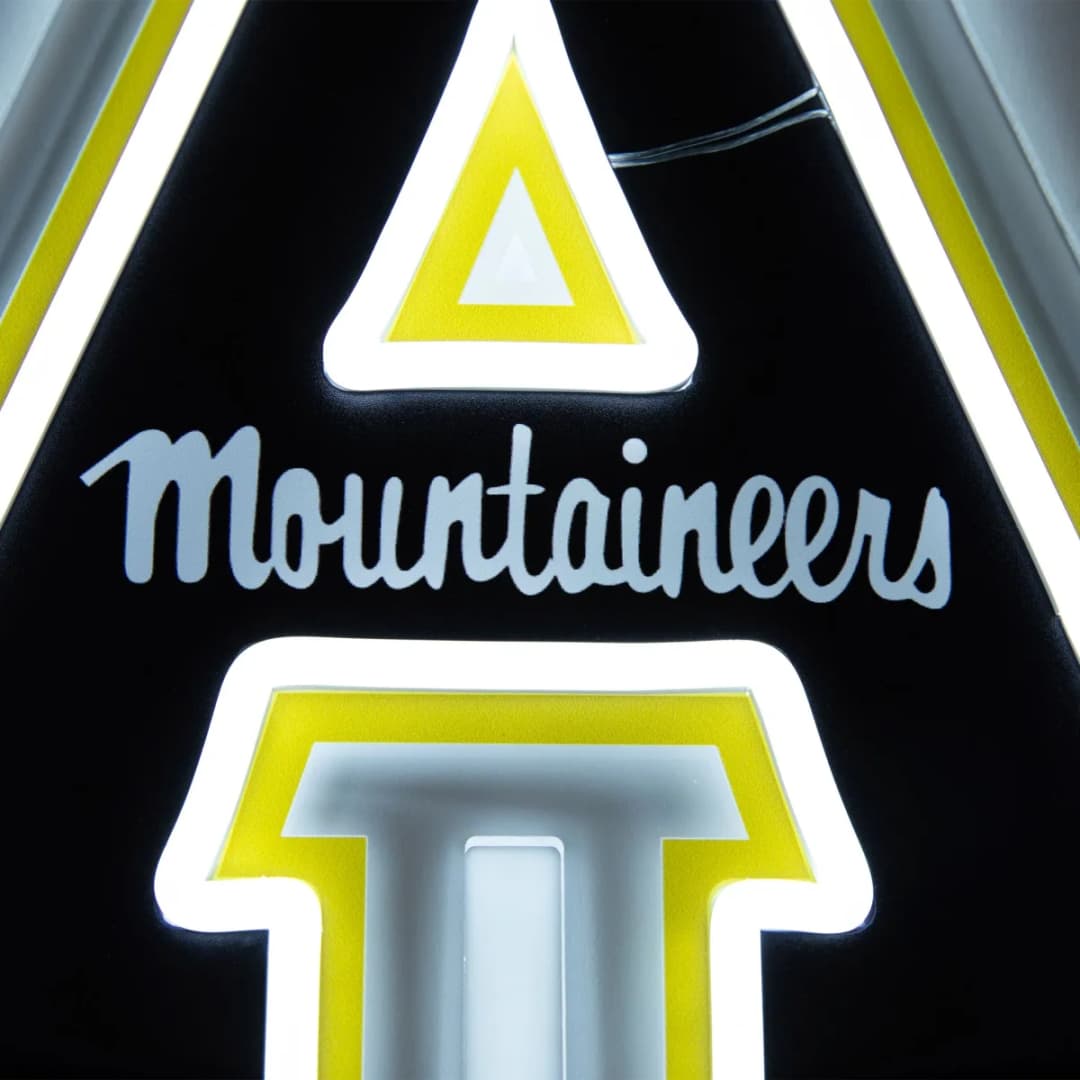 Detail of a Saturday Neon Appalachian State Mountaineers sign — UV-printed art combined with LED neon outlines on a CNC-machined acrylic backer