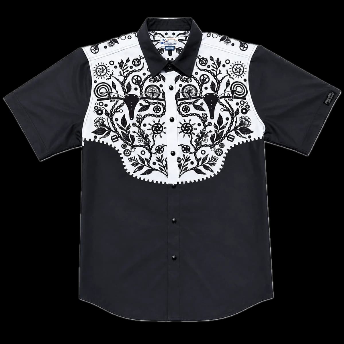 Party Shirt International All Cattle, No Hat pearl-snap shirt, black with a white yoke printed with a bike-saddle steer skull, chains and sprockets