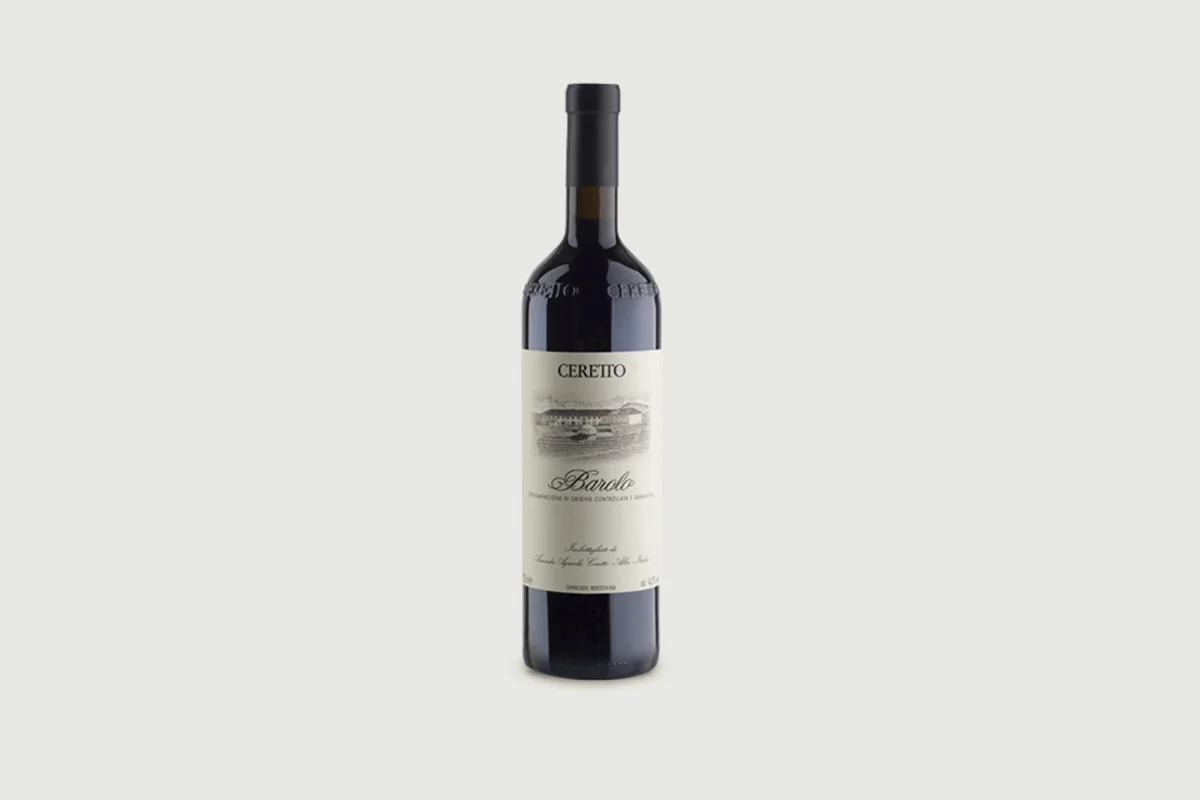 Bottle of Ceretto Barolo with a cream label on a light grey background