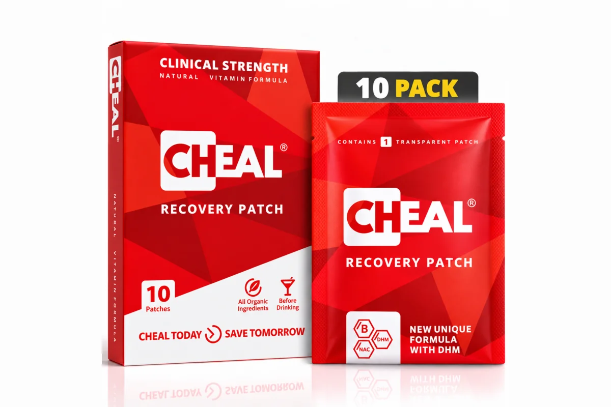 Red Cheal Recovery Patch 10-pack box beside a single foil patch pouch