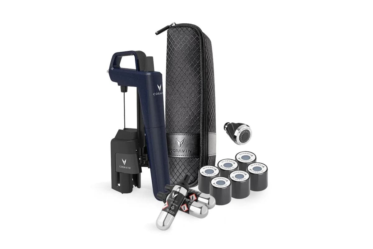 Navy blue Coravin Timeless Six+ with quilted carry case, aerator, screw caps and argon capsules