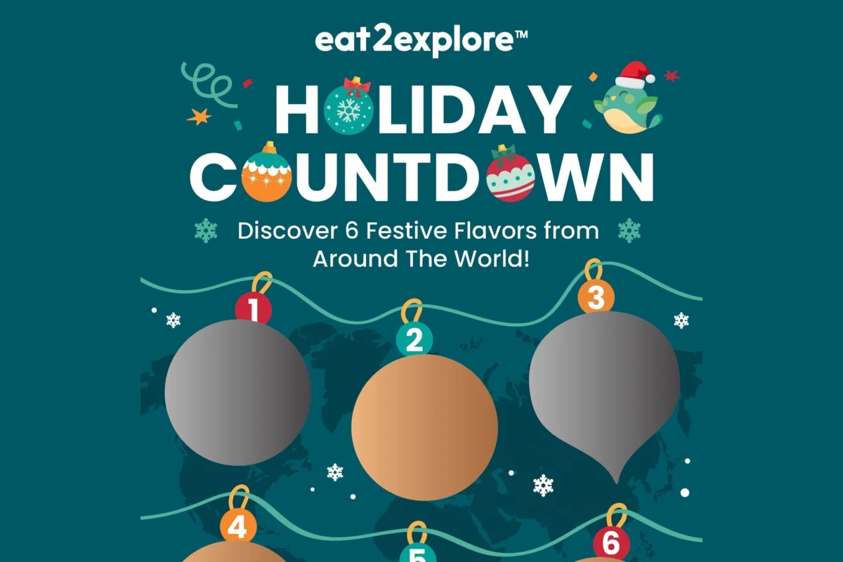 eat2explore Holiday Countdown scratch-off card with six numbered ornaments