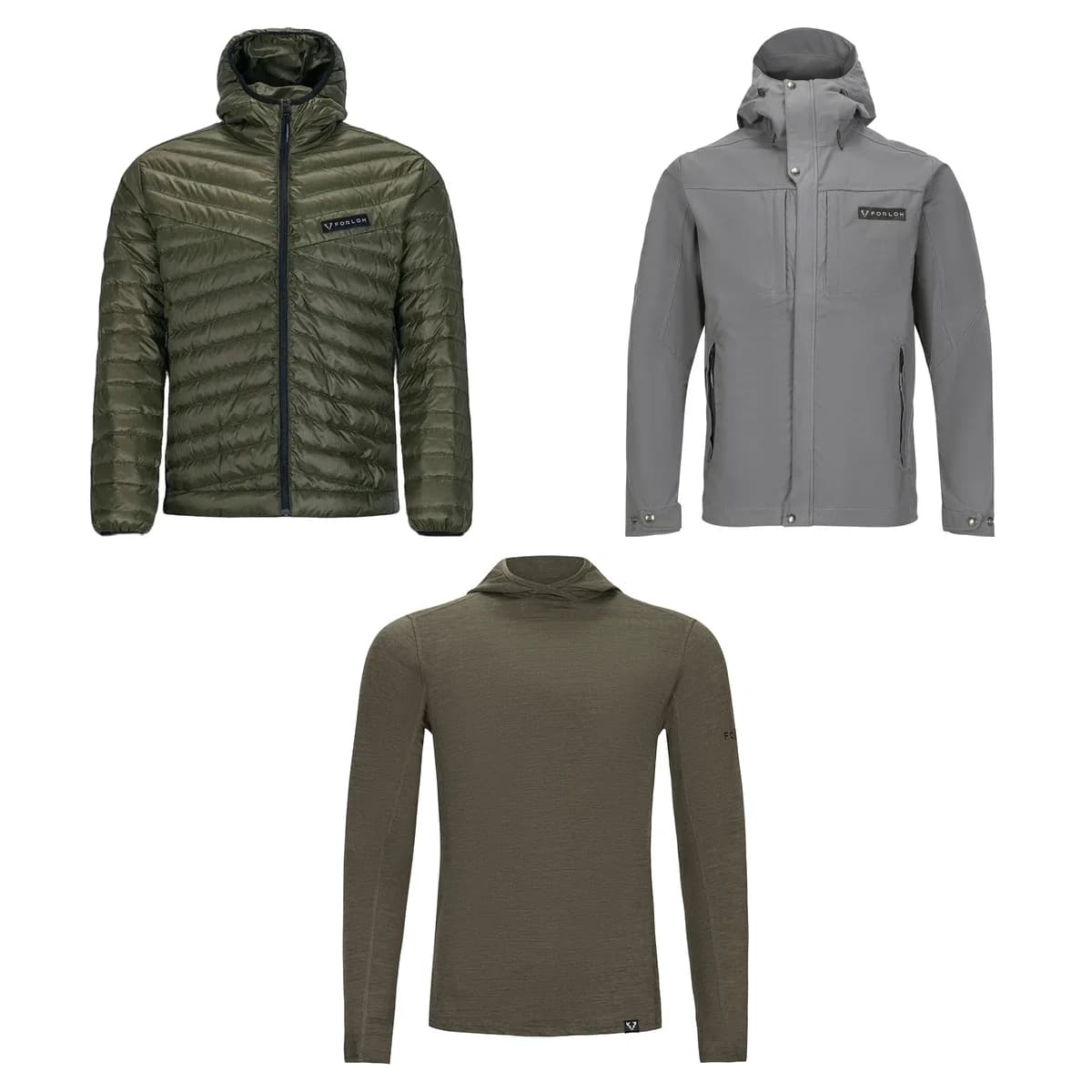 FORLOH ThermoNeutral down hooded jacket in green, Brush to Mountain waxed cotton jacket in gray, and Combat merino wool hoodie in green