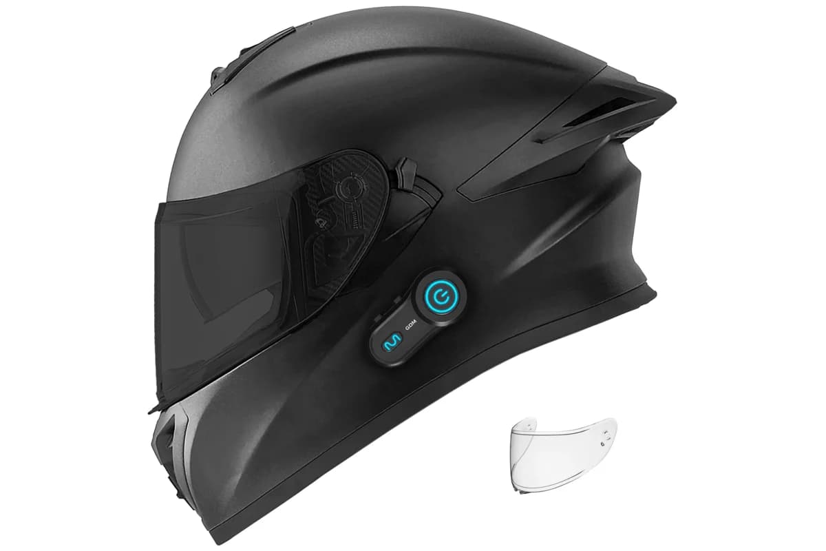 Matte black GDM GHOST2 full-face helmet with tinted shield, HyperSonic headset and spare clear shield