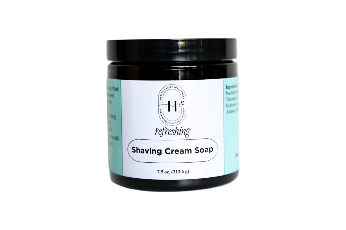 Black jar of Healthy Body Investment Shaving Cream Soap in the Refreshing scent, 7.5 oz