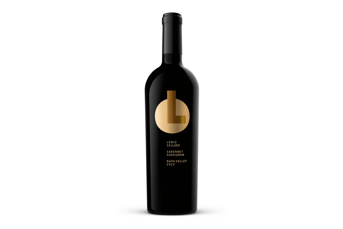 Black bottle of Lewis Cellars 2022 Napa Valley Cabernet Sauvignon with a gold L label