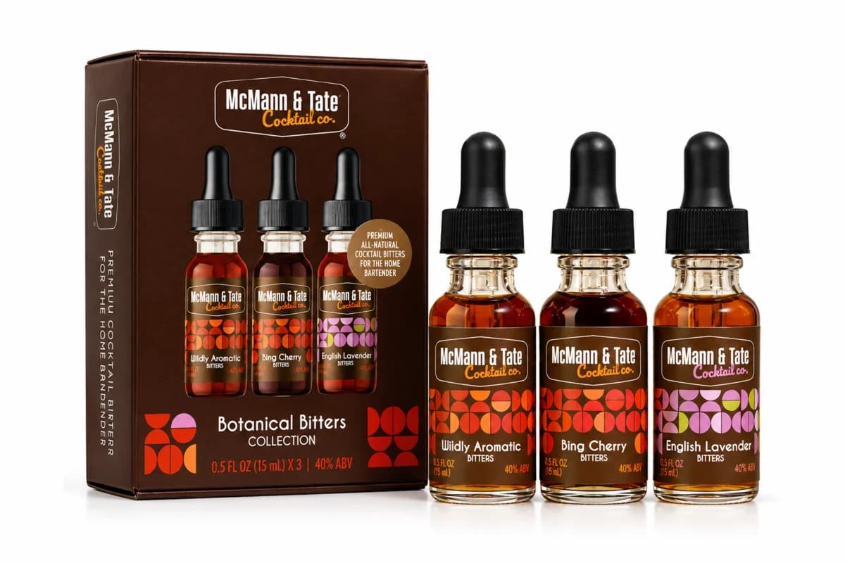 McMann & Tate Botanical Bitters Collection gift box with Wildly Aromatic, Bing Cherry and English Lavender bottles