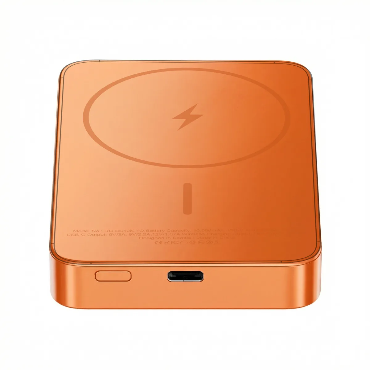 Orange aluminum ReelSafe 10K wireless power bank with USB-C port