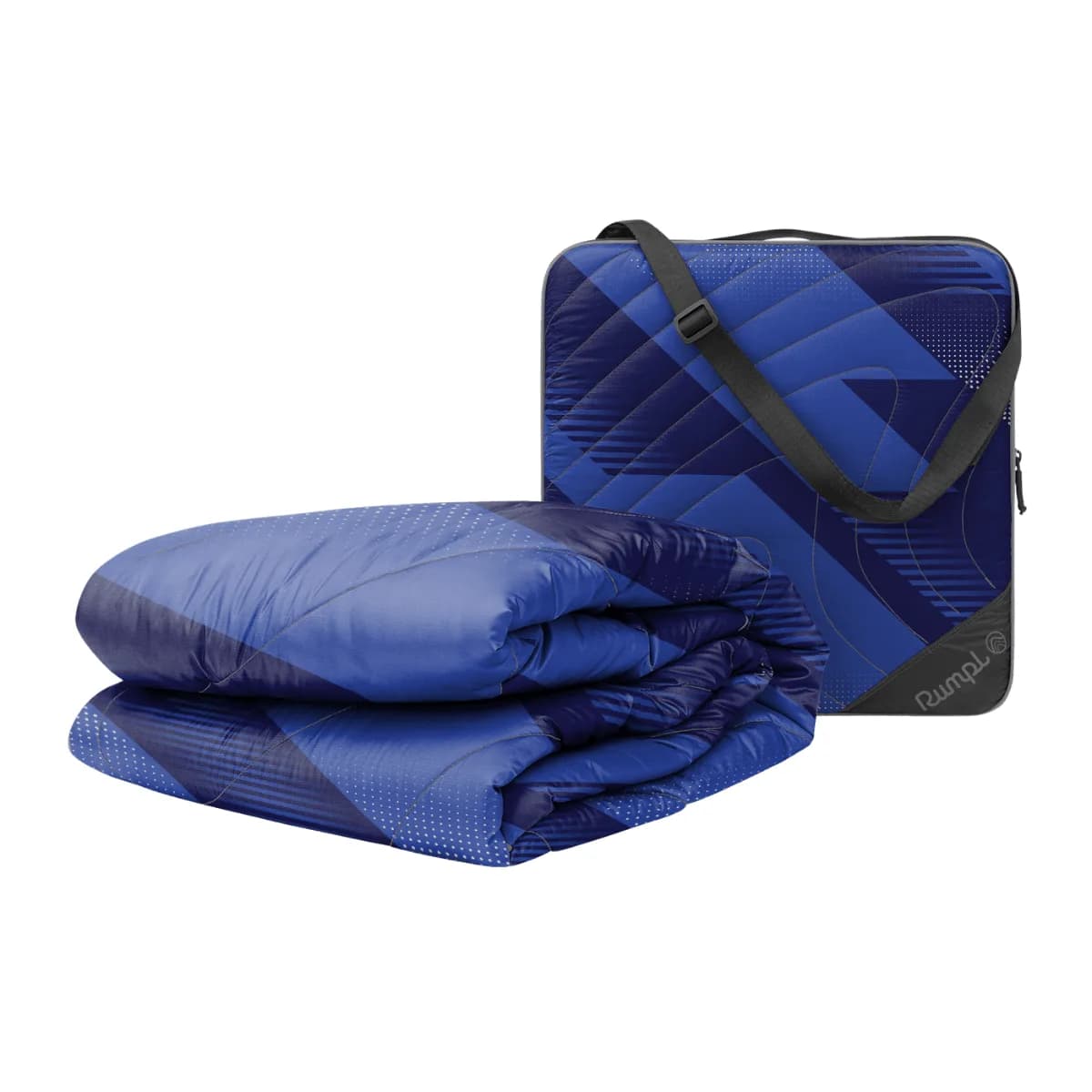 Blue Rumpl Gametime Puffy blanket folded beside its padded seat-cushion case