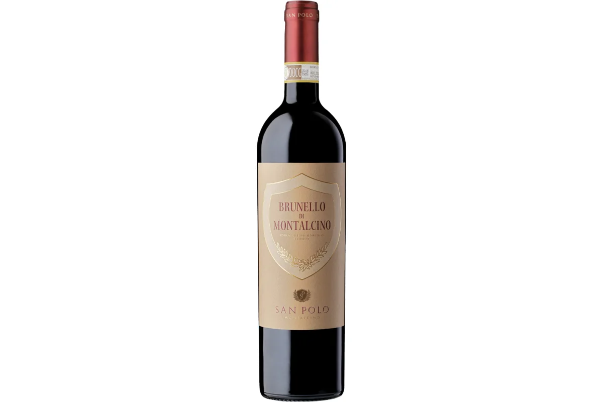 Bottle of San Polo Brunello di Montalcino with a red capsule and tan shield label