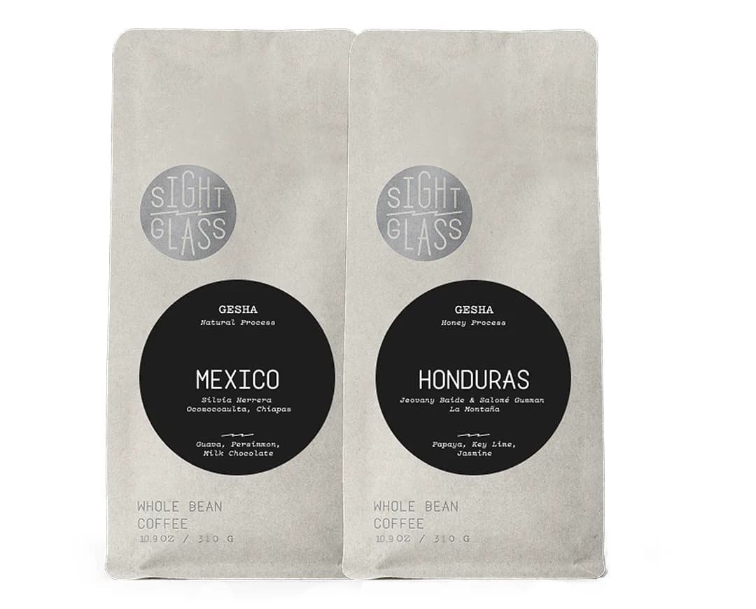Two Sightglass Gesha whole bean coffee bags, Mexico natural process and Honduras honey process