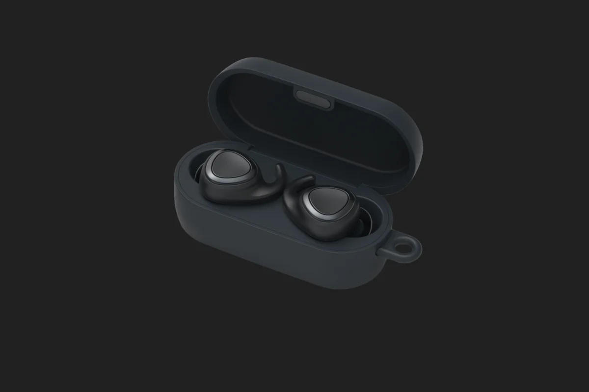 Pair of black Unplugs earplugs in an open dark grey case