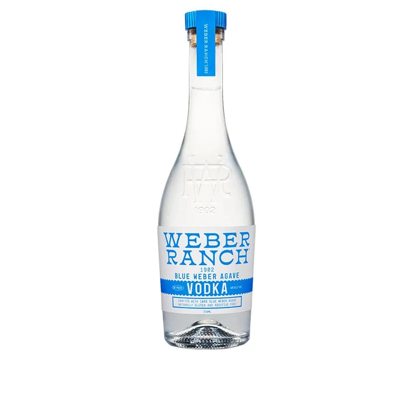Clear Weber Ranch Vodka bottle with blue label