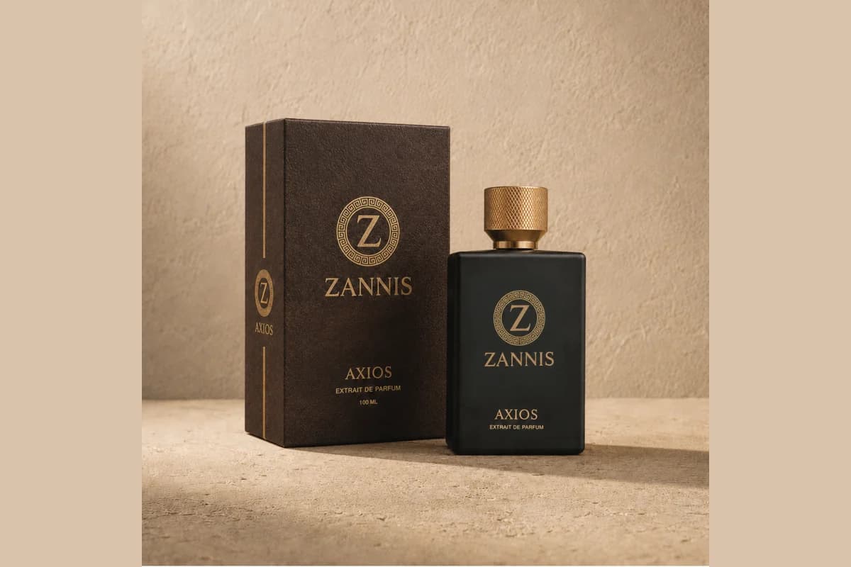 Black Zannis AXIOS extrait de parfum bottle with a gold cap beside its brown 100 ml box on stone