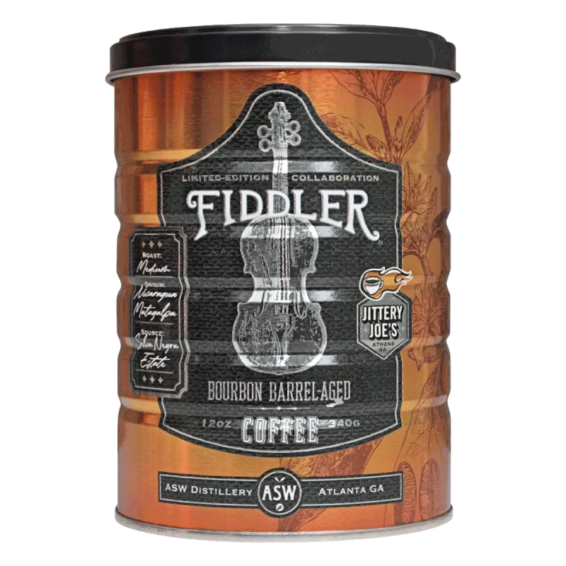 Fiddler Bourbon Barrel-Aged Coffee collector's tin by Jittery Joe's and ASW Distillery