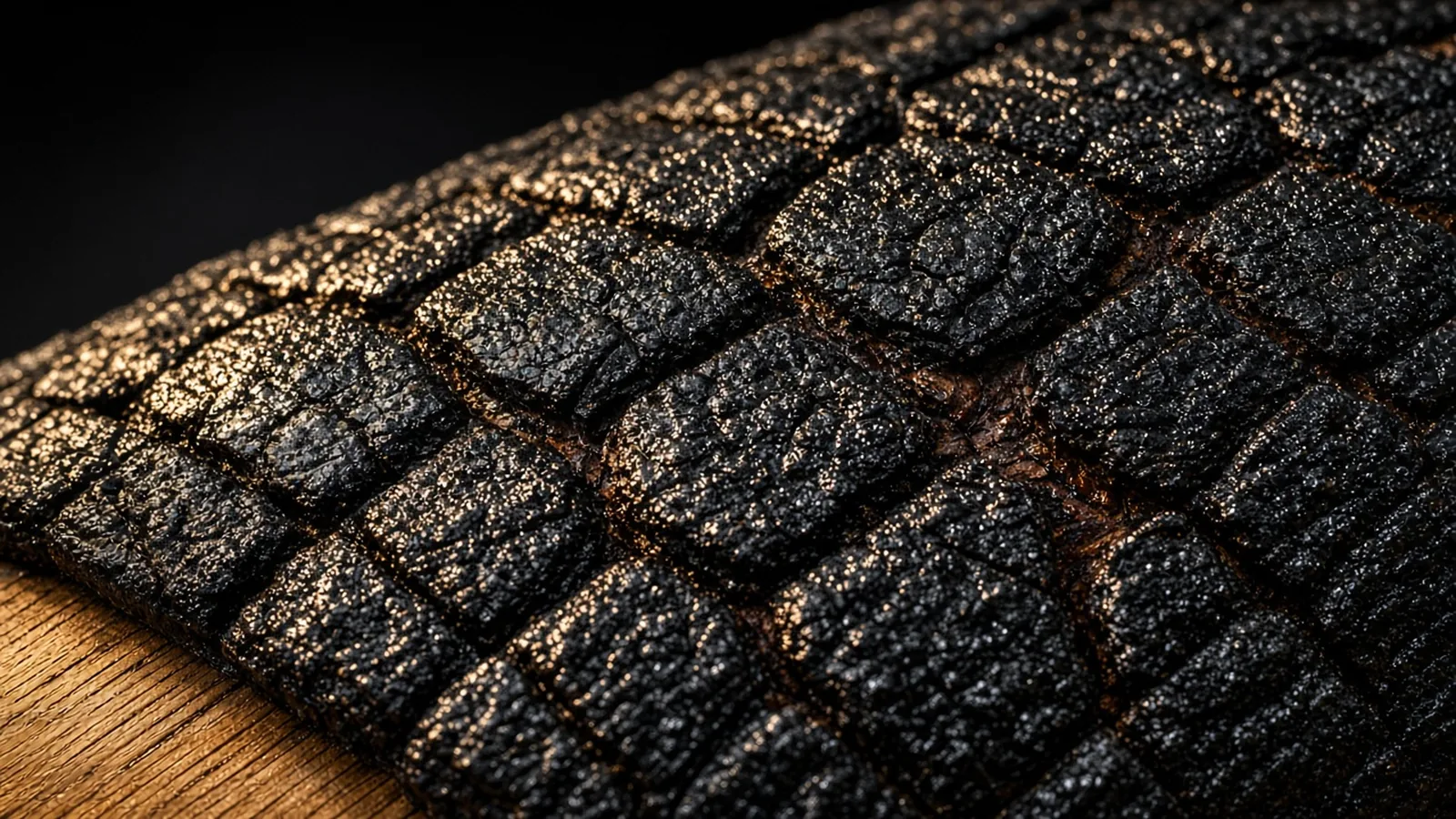 Barrel stave with the deepest char, cracked into scales