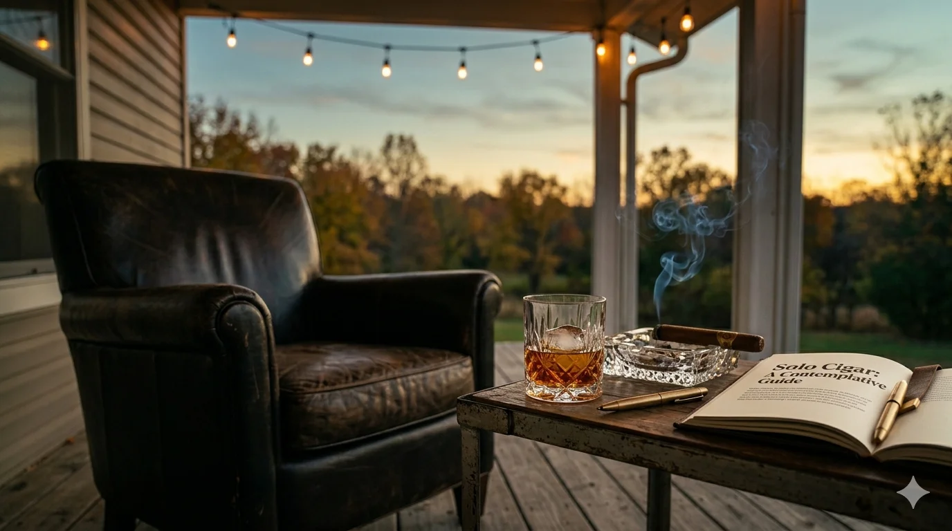 Worn leather club chair on a covered back porch at dusk with a glass of bourbon, a brass ashtray with a lit cigar, and an open book on a small wooden table — the solo cigar hour